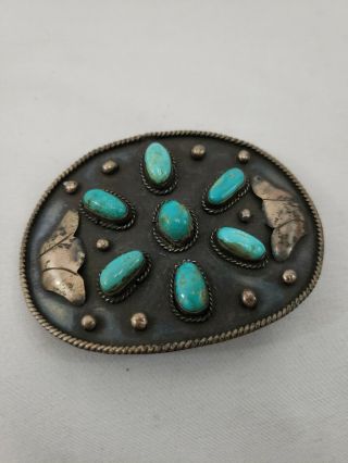 Vintage Native American Turquoise Silver Belt Buckle / 7 Stones