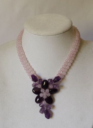 Vintage Kl Sterling Rose Quartz Amethyst Flower Design Choker Necklace