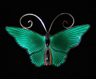 Vintage David Anderson Sterling Silver Green Enamel Guilloche Butterfly Brooch