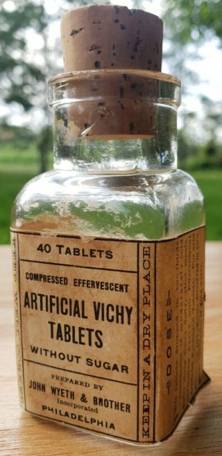 Vintage Antique Medicine Bottle Vitchy Tablets W/original Cork