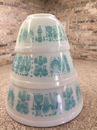 Set Of 3 Vintage Amish Butterprint Turquoise Nesting Mixing Bowls