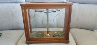 Philip Harris Antique Laboratory Scales In An Oak Frame And Glass Cabinet