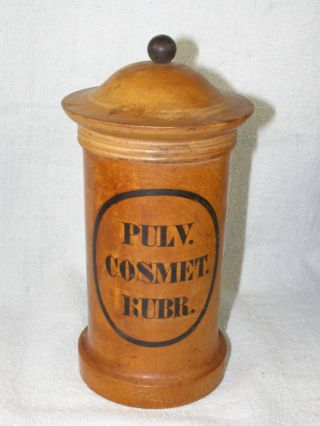 Antique Turned Wood Pharmacy Apothecary Jar With Lid - Pulv.  Cosmet.  Rubr.