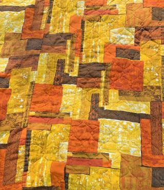 Vintage Mid Century Quilted Bedspread Coverlet Abstract Graphic Orange Yellow