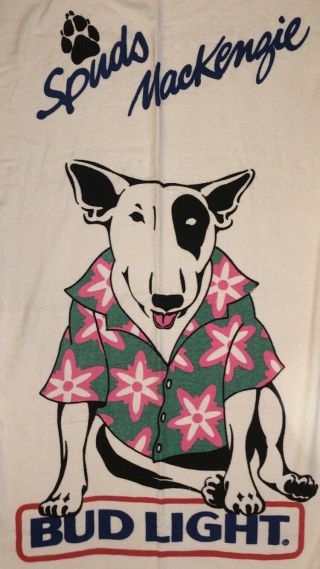 Vtg 80s Spuds Mackenzie Bull Terrier Bud Light Beach Towel Anheuser Busch
