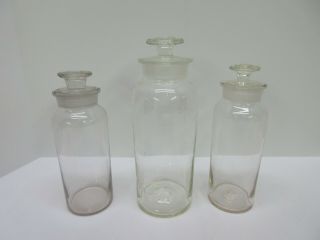 3 Vintage Glass Apothecary Medicine Bottles W/ Ground Glass Stoppers 9.  5 ",  8.  25 "