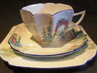 Fine Old Vintage Art Deco Shelley Queen Anne Archway Of Roses Trio Porcelain 2