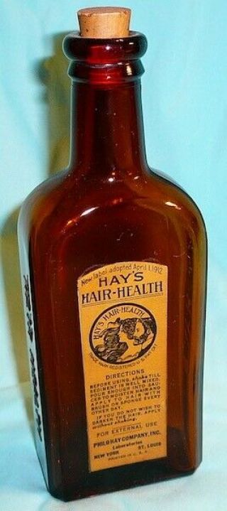 Antique Vintage Hay’s Hair Health Tonic Barber Shop Amber Medicine Bottle