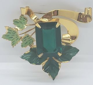Vintage Coro Craft Vermeil Enameled Brooch Large Faceted Green Stone Leaves Uniq