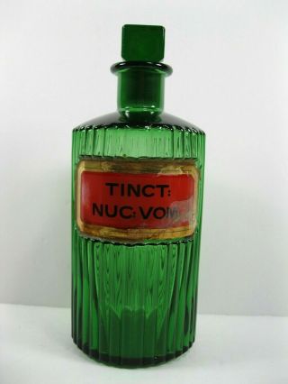 Antique Emerald Green Glass Apothecary Tinct: Nuc: Pharmacy Bottle Poison Jar