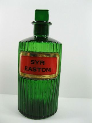 Antique Emerald Green Glass Apothecary Syr: Eastoni Pharmacy Bottle Poison Jar