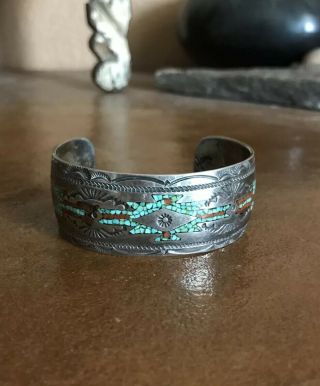 Vintage Navajo Gibson Gene Sterling Silver Turquoise Chip Inlay Cuff Bracelet