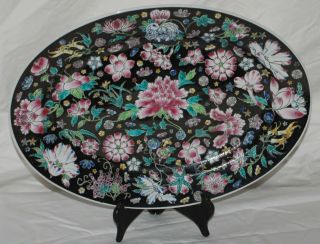 Vintage Chinese Black Floral Mille Fleur 10 - 1/4 " X 14 " Platter Good Shape