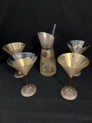 Vintage Art Deco Hand Painted Martini Glasses With Matching Pitcher Signed