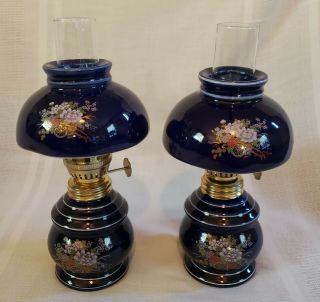 Vintage Oil Lamp With Matching Shade.  Cobalt Blue With Rickshaw And Flowers
