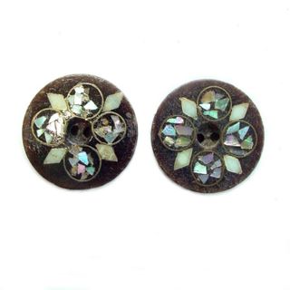 2 Antique Composition Whistle Buttons Abalone Shell Inlay Quatrefoil 5/8 Inch