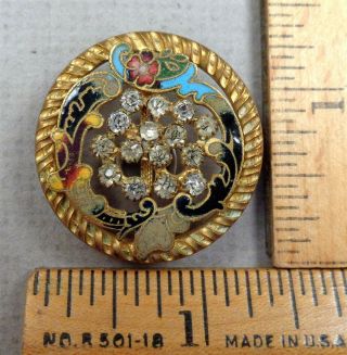 Antique Enamel Button 79,  1800s Brass Open - Work Floral Design W/ Paste Trim