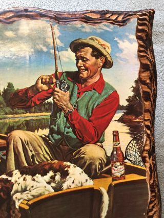 Vintage J.  F Kernan Man Fishing with Dog and a Falstaff Beer Mounted on Plywood 2