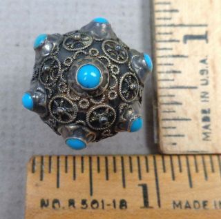 Crown Shaped Antique Button,  1900s Turquoise Stones In Silver Design