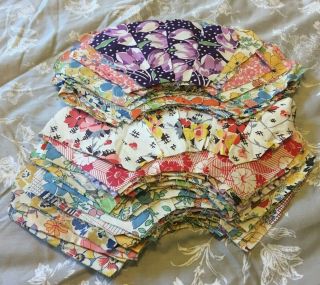 62 Vintage Fan Shaped Quilt Blocks 10 - 12 " Hand Stitched | Feed Sack Cloth - Pretty
