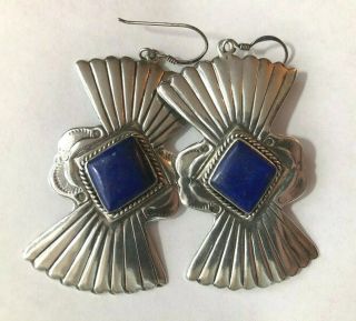 Large Vintage Navajo 925 Sterling Silver & Blue Lapis Lazuli Earrings Old Pawn