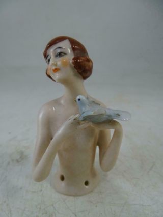 Antique Pin Cushion Half Doll Art Deco Nude Figurine Bird Germany Vintage Old