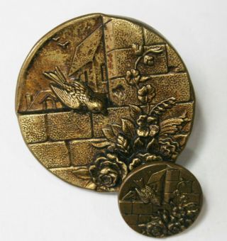 Vintage Mother/daughter Bird On A Wall Brass Relief Button Bbb