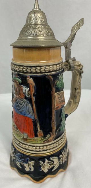 Vintage Dgbm Hand Painted German Made Beer Stein With Pewter Lid,  With Music Box
