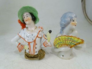 Antique Art Deco Pin Cushion Doll Set German Umbrella Hand Fan Porcelain Vtg X2