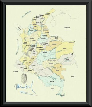 Pablo Escobar Autograph & Colombia Map Reprint On Fine Linen Paper P129