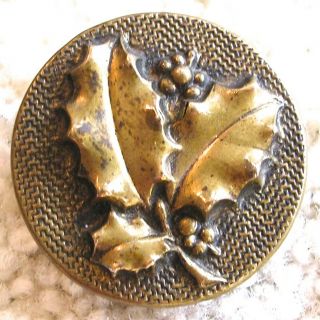 Gorgeous Xl Antique Metal Button,  Mistletoe Holly Berries & Leaves 1 1/8 " Bbb