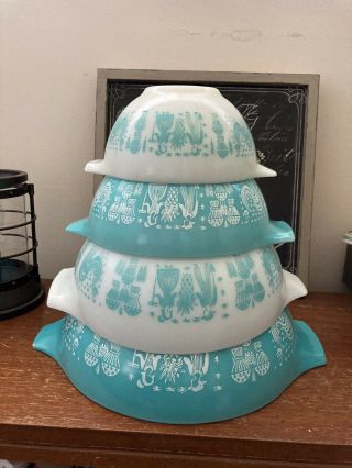 Vintage Pyrex Amish Butterprint Nesting Bowls Complete Set Teal