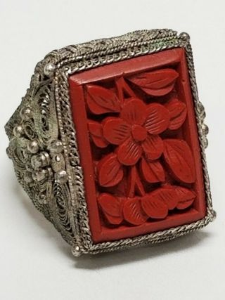 Large Vintage Chinese Export Silver Carved Cinnabar Filigree Adjustable Ring