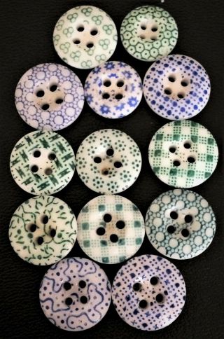 Antique - Mid 1800s Calico China Buttons - Blue/green Patterns