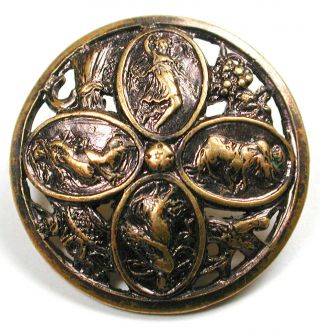 Antique Brass Button Pierced Art Nouveau Woman 4 Seasons Design 3/4 "