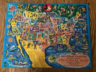 Vintage Walt Disney United States Map Floor Puzzle - All Your Fav Characters