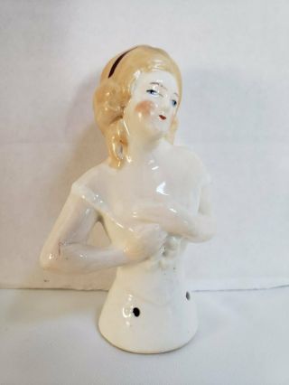 Vintage Antique German Hand - Painted Porcelain Pincushion White Corset Half Doll