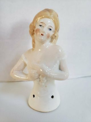 Vintage Antique German Hand - painted Porcelain Pincushion White Corset Half Doll 2