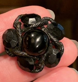 Large Unusual Shaped Black Glass Button In Metal Roping Openwork Faceted