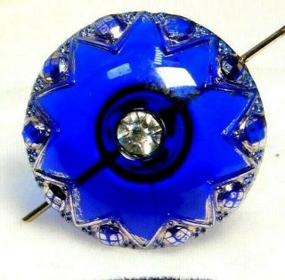 Antique Button Cobalt Blue Glass Paste Jewel W Silver 4 Way Box Shank