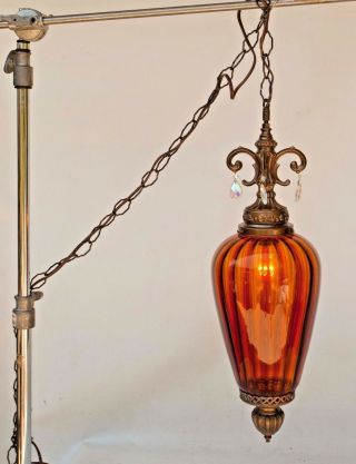Vintage Retro 60s Amber Glass Ceiling Light Fixture Ribbed Pattern Brass Chains