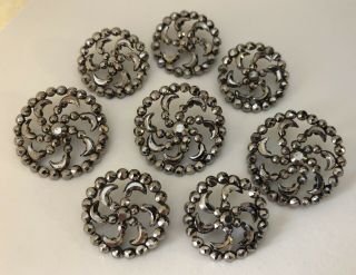 Set Of 8 Matching Antique Victorian Cut Steel Buttons 2 Sizes Pinwheel Design