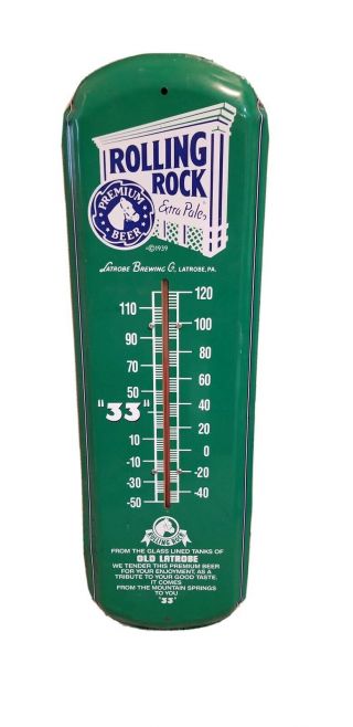 Vintage Rolling Rock Green Metal Outdoor Thermometer " 33 " Beer Sign 27 " X 8 "