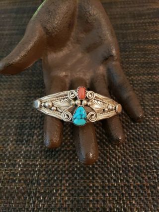 Vintage Lm Navajo Sterling Silver Turquoise Coral Cuff Bracelet Native