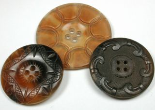 3 Lg Sz Antique Horn Button With Pretty Embossed Designs - 1& 3/8 To 1 & 3/4 "