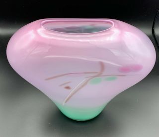 Vtg 1988 Rick And Janet Nicholson Studio Art Glass Vase Pink Turquoise Signed 9”