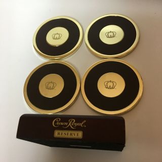 Crown Royal Reserve Whisky Set Of 4 Brass Leather Coasters W Wood Stand Man Cave
