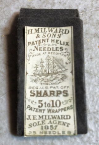 Antique H Milward & Sons Pat Helix Needles Sailing Ship Wrapper W/ Needles