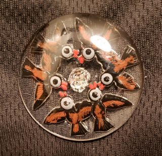 Vintage Clear Glass Button,  Reverse Painted,  6 Birds,  Box Shank,  1 - 1/2 "