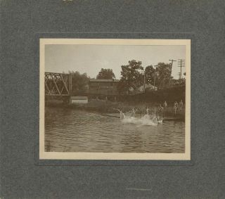 Boys Swimming Splash Near Railroad Bridge Vintage Photograph Livery Moving Sign